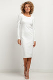 Elegant Fitted Midi Dress with Boat Neckline and Hems