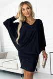 Glitter Bat Dress with Neckline in Black Stretch Fabric
