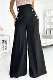 Elegant High-Waisted Black Wide Pants with Gold Buttons