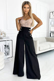 Elegant High-Waisted Black Wide Pants with Gold Buttons
