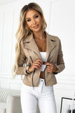 Beige Suede Short Jacket with Long Sleeves and Zippers