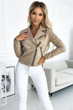 Beige Suede Short Jacket with Long Sleeves and Zippers