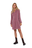 Velour Trapeze Dress with Long Sleeves and V Neckline