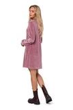 Velour Trapeze Dress with Long Sleeves and V Neckline