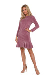 Fitted Velour Dress with Decorative Frill and Long Sleeves