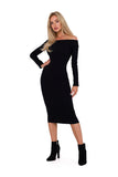 Fitted Ribbed Knit Dress with Off-Shoulder Neckline