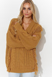 Chic Heart Neckline Sweater with Plaid Weave and Tassels