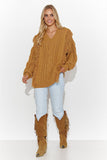 Chic Heart Neckline Sweater with Plaid Weave and Tassels