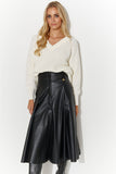 Elegant Leather Midi Skirt with Slit and Gold Plate Accent