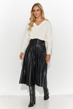 Elegant Leather Midi Skirt with Slit and Gold Plate Accent