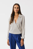 Elegant Printed Satin Blouse with Envelope Cut and Cuffs