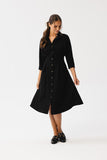 Chic Collared Dress with Button Closure and Waist Pleats