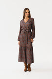 Elegant Geometric Maxi Dress with Ruffle Hem and Tie Belt