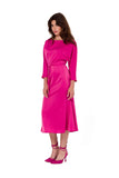 Elegant Satin Midi Dress with Kimono Sleeves and Belt