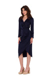 Elegant Satin Overlap Neckline Dress with Asymmetrical Skirt
