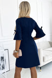 Navy Blue Trapeze Dress with Flared Sleeves and Bows