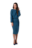 Elegant Midi Dress with Kimono Top and Waist Tie Belt