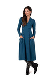 Elegant V-Neck Dress with Pleated Skirt and Pockets