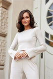Fashionable Ribbed Blouse with Extended Sleeves and Round Neckline