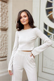 Fashionable Ribbed Blouse with Extended Sleeves and Round Neckline