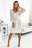 Beige Openwork Long Sleeve Dress with Stylish Neckline