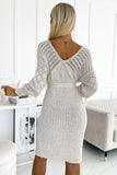 Beige Openwork Long Sleeve Dress with Stylish Neckline
