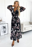 Chiffon Pleated Midi Dress with Long Sleeves & Waist Tie