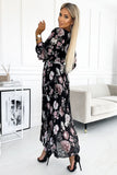 Chiffon Pleated Midi Dress with Long Sleeves & Waist Tie