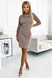 Beige Trapeze Dress with Gold Locks and 3/4 Sleeves