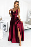 Elegant Burgundy Satin Maxi Gown with Slit and Straps