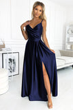 Elegant Navy Blue Satin Maxi Gown with Straps and Slit