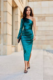 Elegant One-Sleeve Midi Dress with Slit Detail