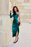 Elegant One-Sleeve Midi Dress with Slit Detail