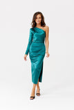 Elegant One-Sleeve Midi Dress with Slit Detail