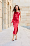 Elegant One-Shoulder Midi Dress with Satin Finish
