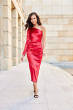 Elegant One-Shoulder Midi Dress with Satin Finish