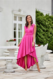 Shimmering Satin Asymmetrical Maxi Dress with Deep Neckline