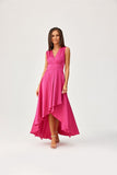Shimmering Satin Asymmetrical Maxi Dress with Deep Neckline