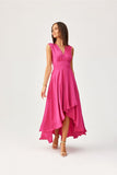 Shimmering Satin Asymmetrical Maxi Dress with Deep Neckline