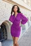 Elegant V-Neck Mini Dress with Draped Skirt and Sleeves