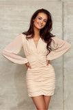 Chic V-Neck Mini Dress with Elegant Draping and Sleeves