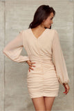 Chic V-Neck Mini Dress with Elegant Draping and Sleeves