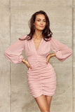 Chic V-Neck Mini Dress with Elegant Sleeves and Draping