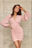 Chic V-Neck Mini Dress with Elegant Sleeves and Draping