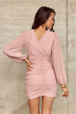 Chic V-Neck Mini Dress with Elegant Sleeves and Draping