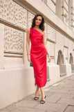 Elegant One-Shoulder Midi Dress with Subtle Leg Slit