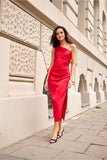 Elegant One-Shoulder Midi Dress with Subtle Leg Slit