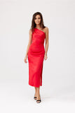 Elegant One-Shoulder Midi Dress with Subtle Leg Slit