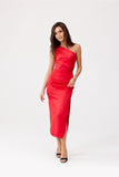 Elegant One-Shoulder Midi Dress with Subtle Leg Slit
