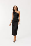 Elegant One-Shoulder Midi Dress with Subtle Slit
